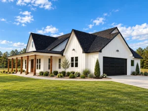 Modern Farmhouse 3528 custom home in Gilmer, Texas featuring white board-and-batten siding, black garage door and professional landscaping by Barnett Custom Homes